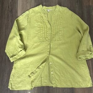 JM Collection 100% linen shirt women's size 20W green button up pleated roll tab